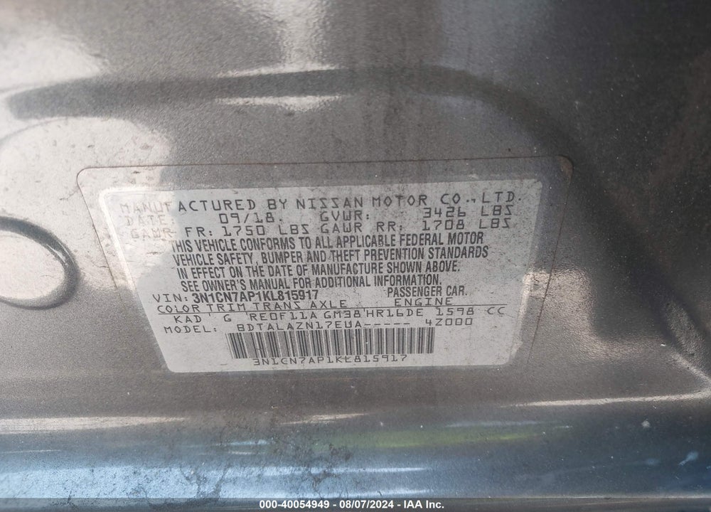 2019 NISSAN VERSA S/S PLUS/SV VIN: 3N1CN7AP1KL815917