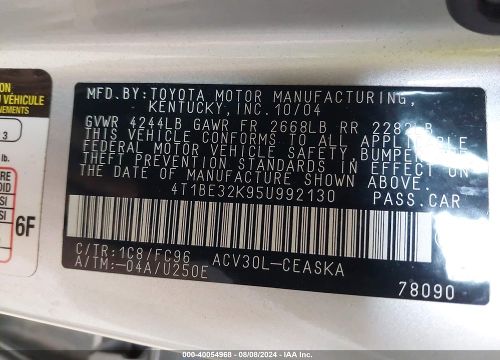 2005 TOYOTA CAMRY LE/XLE/SE VIN: 4T1BE32K95U992130
