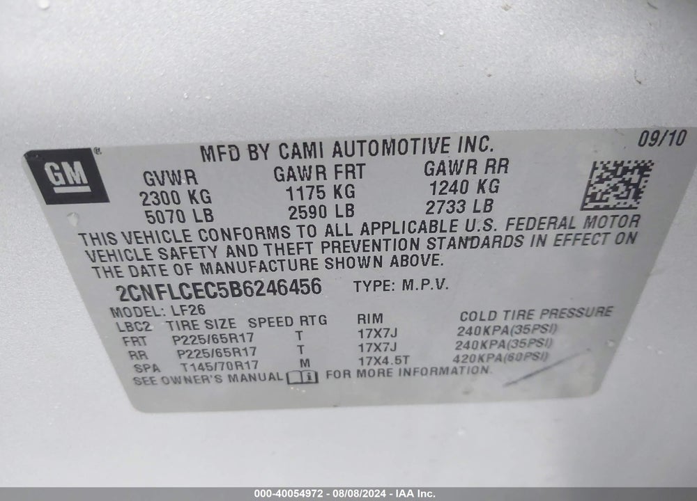 2011 CHEVROLET EQUINOX LS VIN: 2CNFLCEC5B6246456