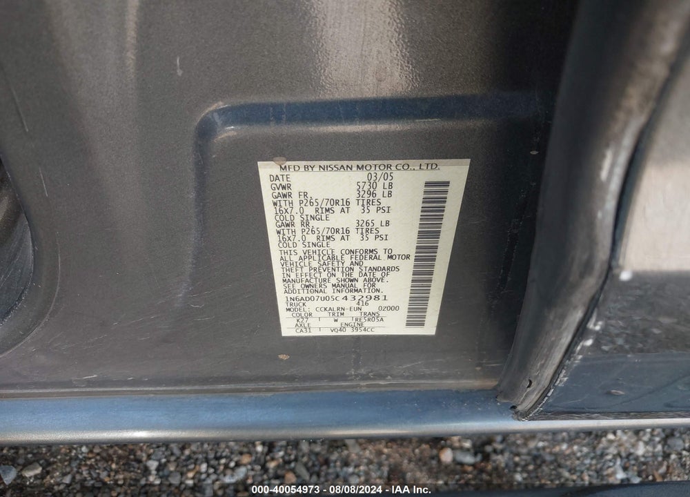 2005 NISSAN FRONTIER CREW CAB LE/SE/OFF ROAD VIN: 1N6AD07U05C432981