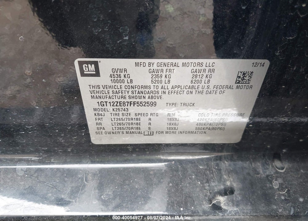 2015 GMC SIERRA K2500 SLT VIN: 1GT12ZE87FF552599