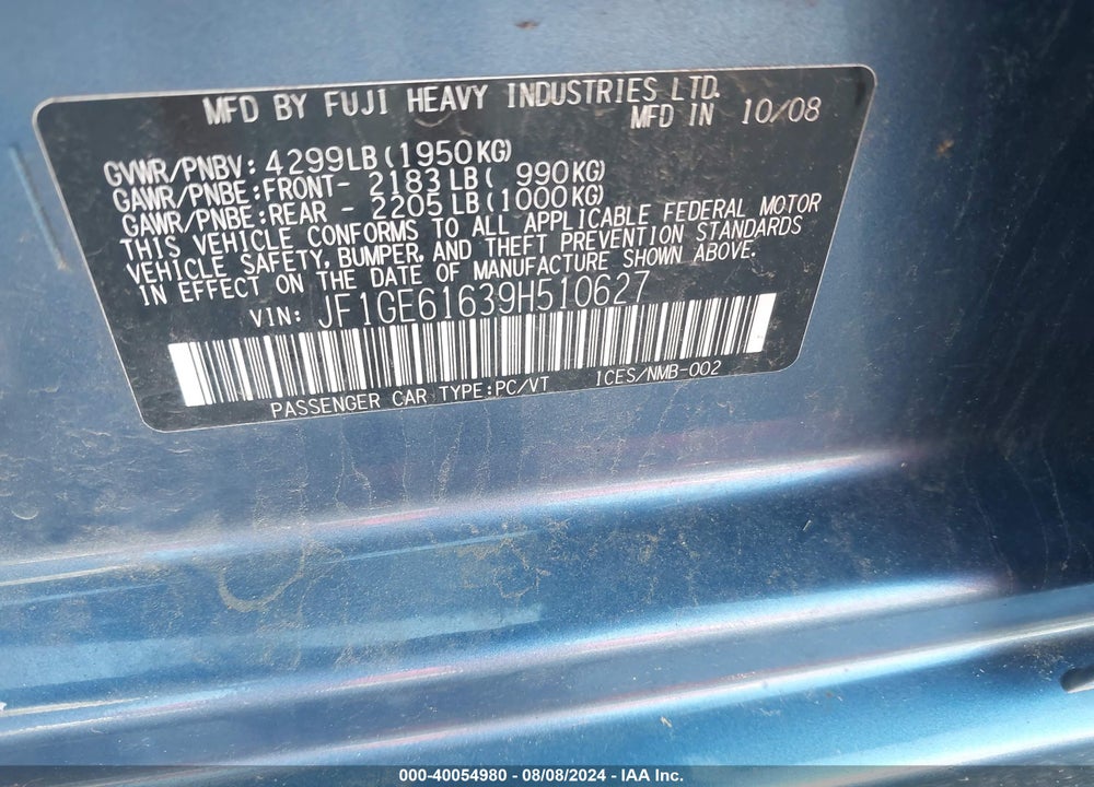 2009 SUBARU IMPREZA 2.5I VIN: JF1GE61639H510627