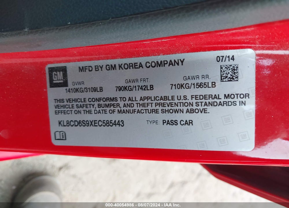 2014 CHEVROLET SPARK 1LT AUTO VIN: KL8CD6S9XEC585443
