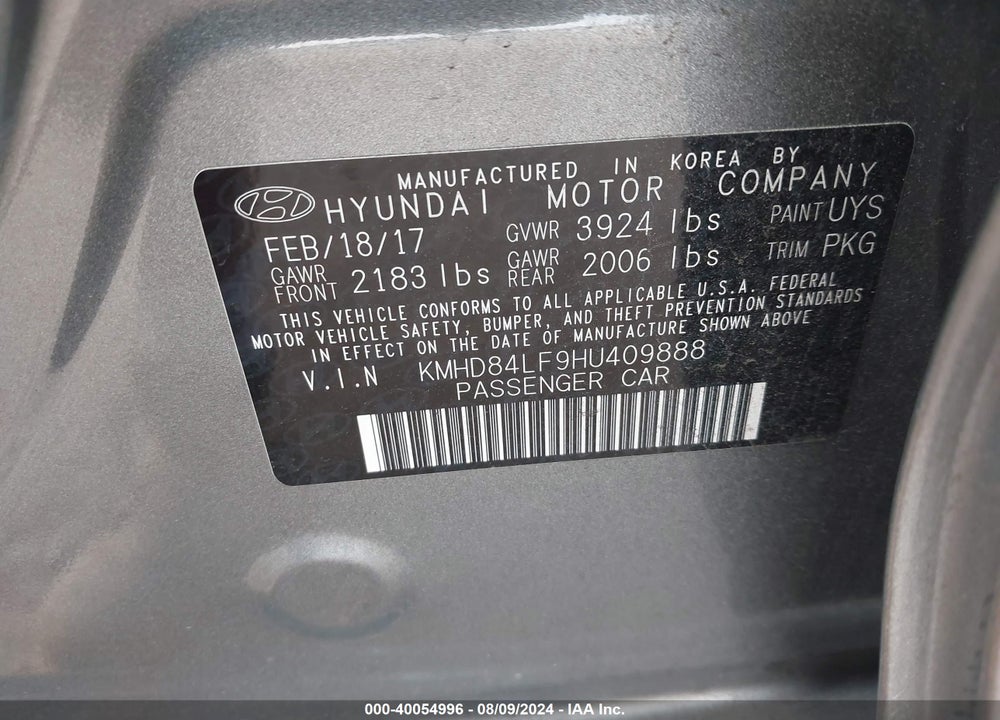 2017 HYUNDAI ELANTRA SE VIN: KMHD84LF9HU409888