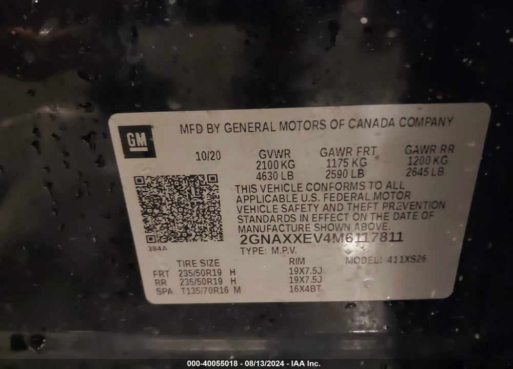2021 CHEVROLET EQUINOX PREMIER VIN: 2GNAXXEV4M6117811