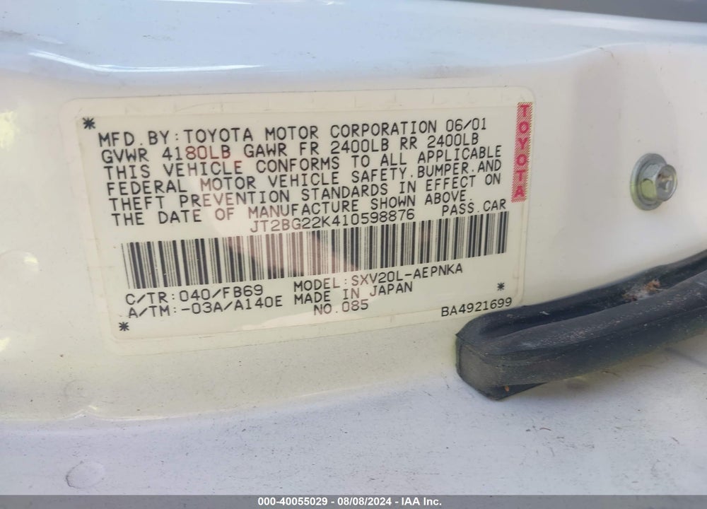 2001 TOYOTA CAMRY VIN: JT2BG22K410598876