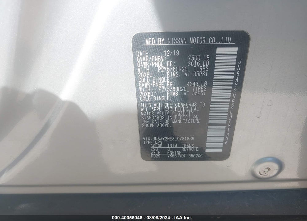2020 NISSAN ARMADA PLATINUM 4WD VIN: JN8AY2NE8L9781836