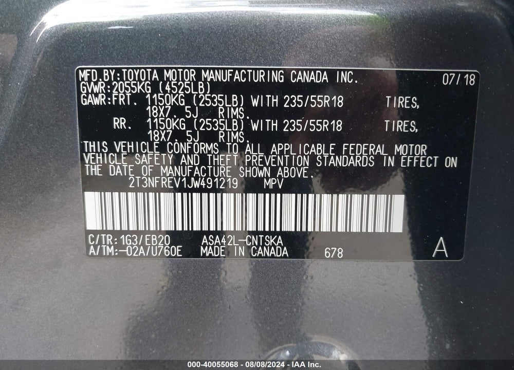 2018 TOYOTA RAV4 SE VIN: 2T3NFREV1JW491219