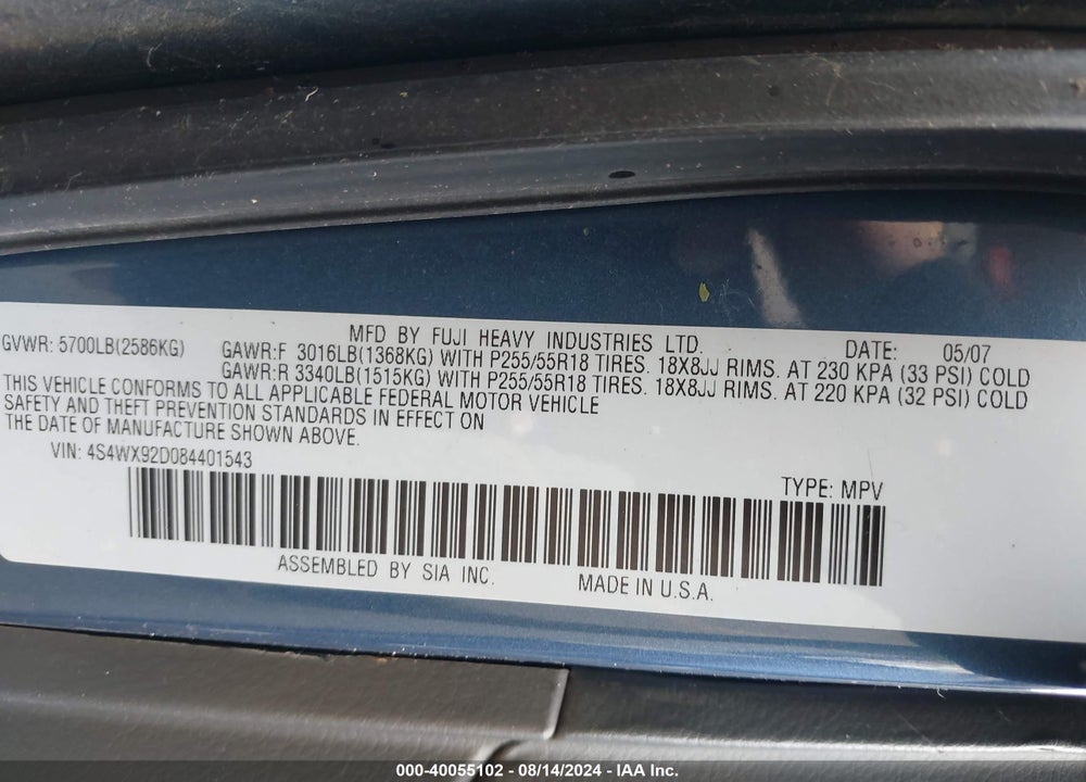2008 SUBARU TRIBECA LIMITED 5-PASSENGER VIN: 4S4WX92D084401543