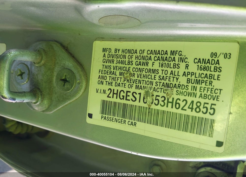 2003 HONDA CIVIC LX VIN: 2HGES16553H624855