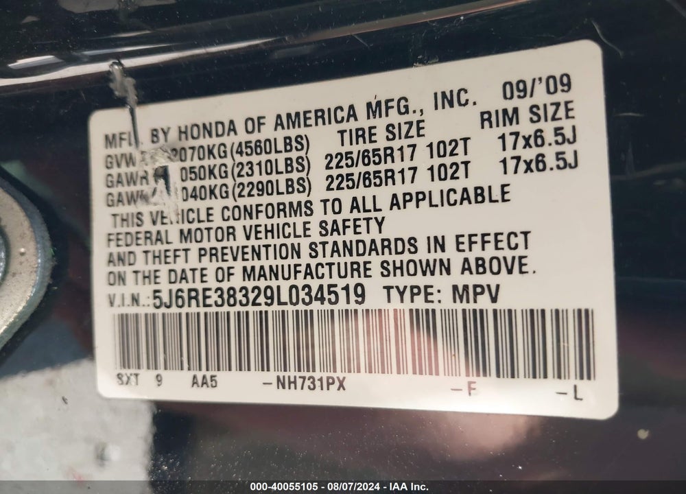 2009 HONDA CR-V LX VIN: 5J6RE38329L034519