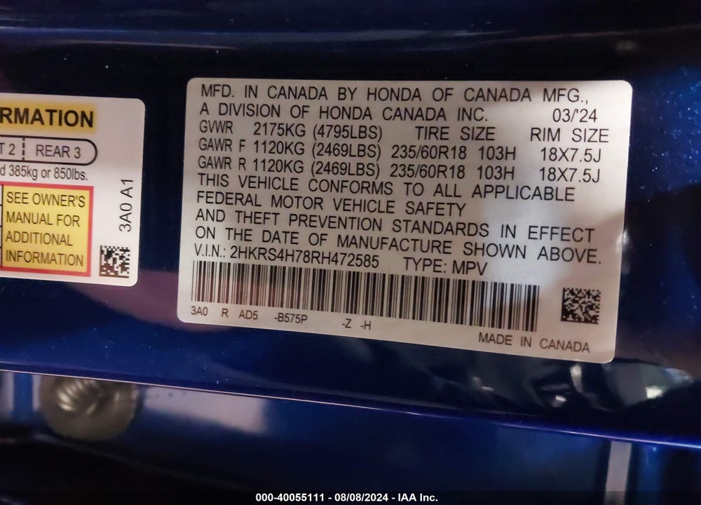 2024 HONDA CR-V EXL VIN: 2HKRS4H78RH472585