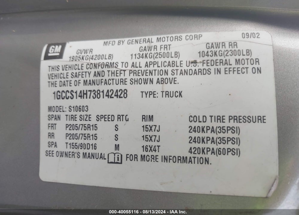 2003 CHEVROLET S TRUCK S10 VIN: 1GCCS14H738142428