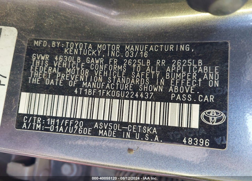 2016 TOYOTA CAMRY LE/XLE/SE/XSE VIN: 4T1BF1FK0GU224437