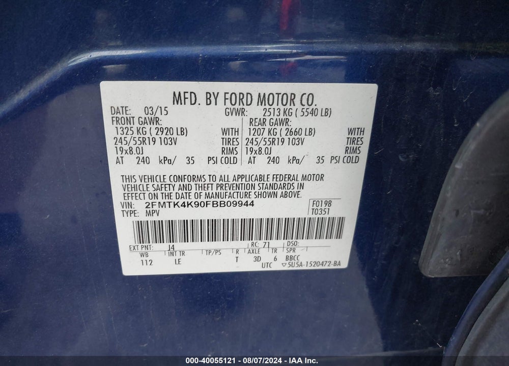 2015 FORD EDGE TITANIUM VIN: 2FMTK4K90FBB09944