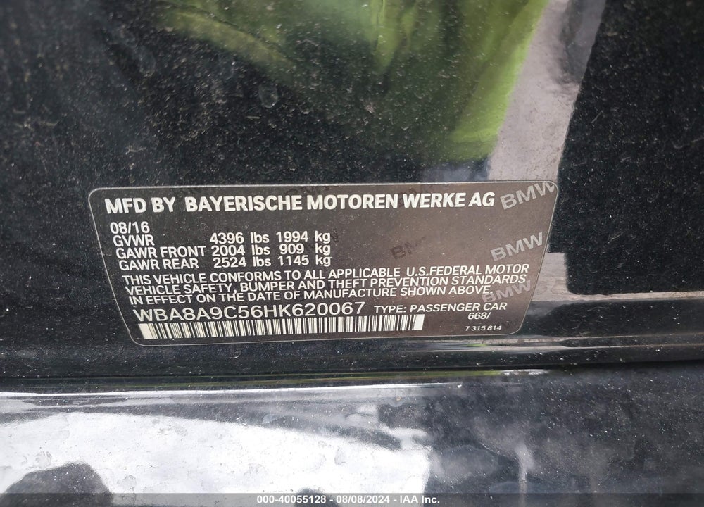 2017 BMW 320I VIN: WBA8A9C56HK620067