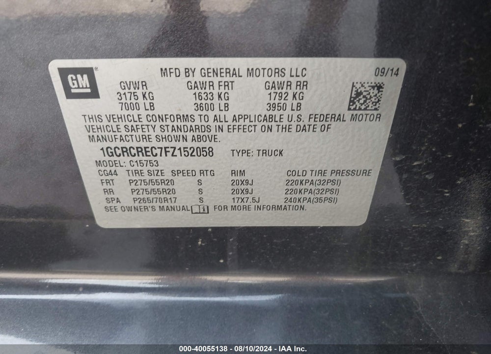 2015 CHEVROLET SILVERADO 1500 1LT VIN: 1GCRCREC7FZ152058