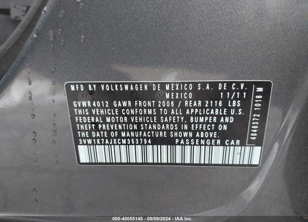 2012 VOLKSWAGEN JETTA S VIN: 3VW1K7AJXCM353794