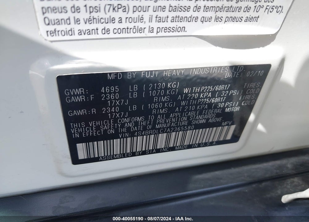 2010 SUBARU OUTBACK 3.6R LIMITED VIN: 4S4BRDLC7A2365580