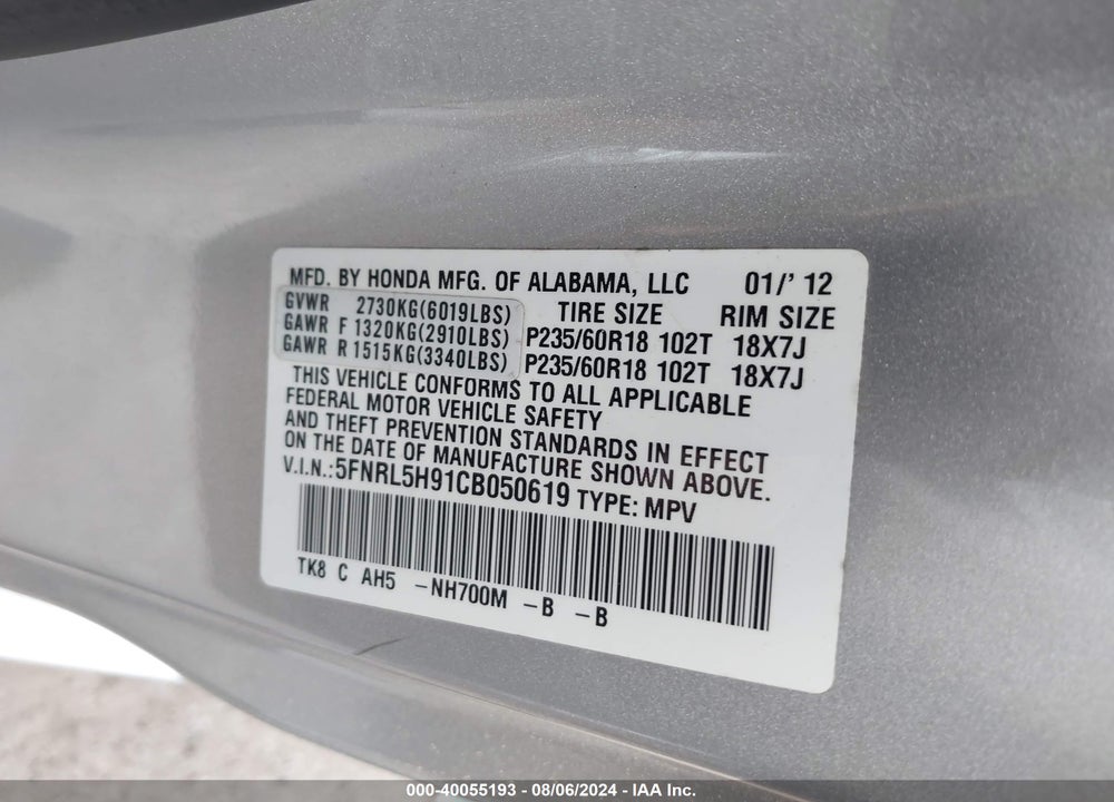 2012 HONDA ODYSSEY TOURING/TOURING ELITE VIN: 5FNRL5H91CB050619