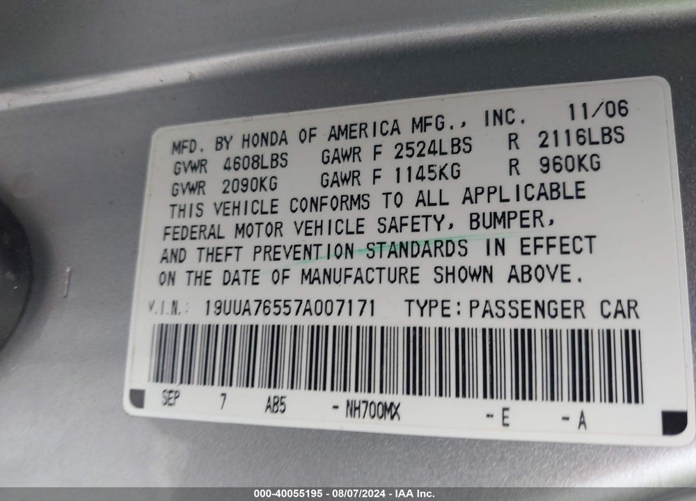 2007 ACURA TL TYPE S VIN: 19UUA76557A007171
