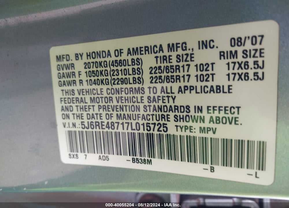 2007 HONDA CR-V EX-L VIN: 5J6RE48717L015725