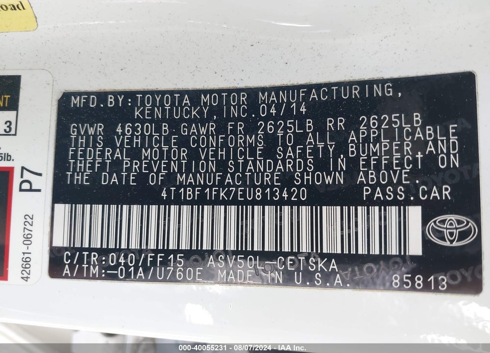 2014 TOYOTA CAMRY L/SE/LE/XLE VIN: 4T1BF1FK7EU813420
