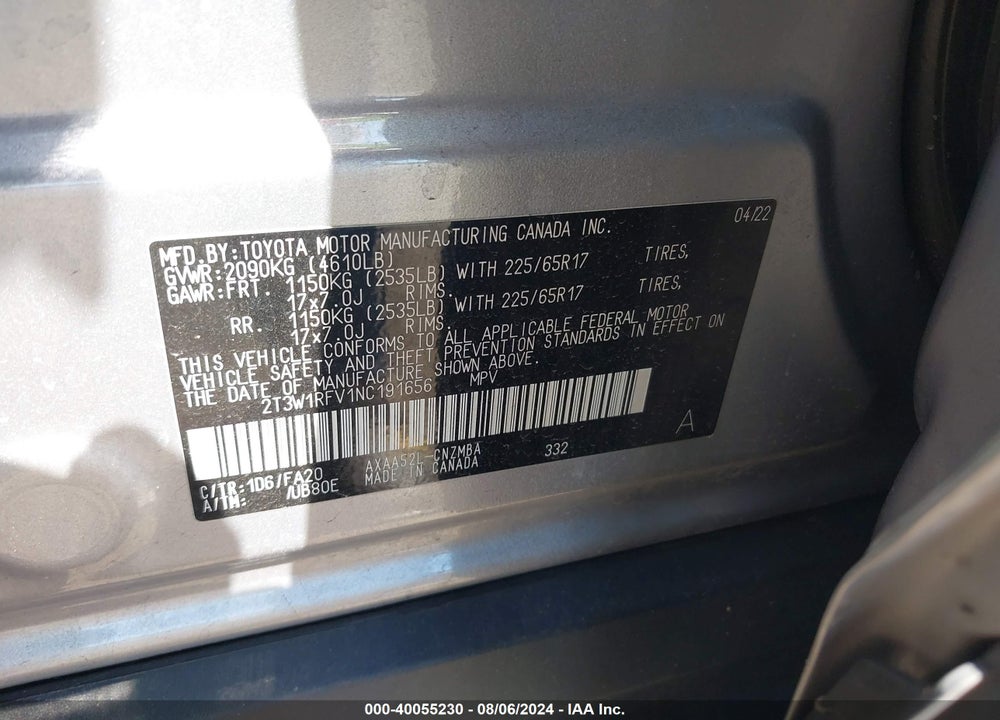2022 TOYOTA RAV4 XLE/XLE PREMIUM VIN: 2T3W1RFV1NC191656
