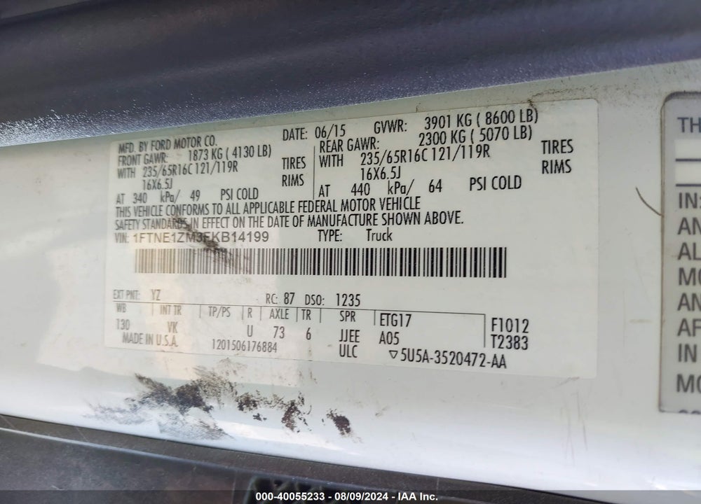 2015 FORD TRANSIT T-150 VIN: 1FTNE1ZM3FKB14199