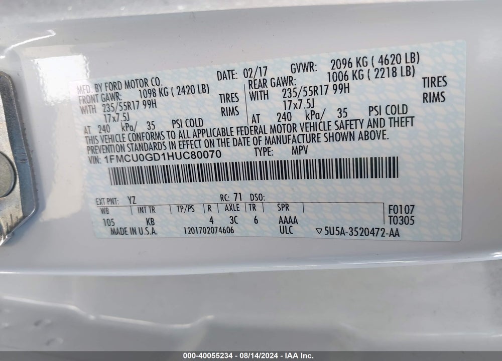 2017 FORD ESCAPE SE VIN: 1FMCU0GD1HUC80070