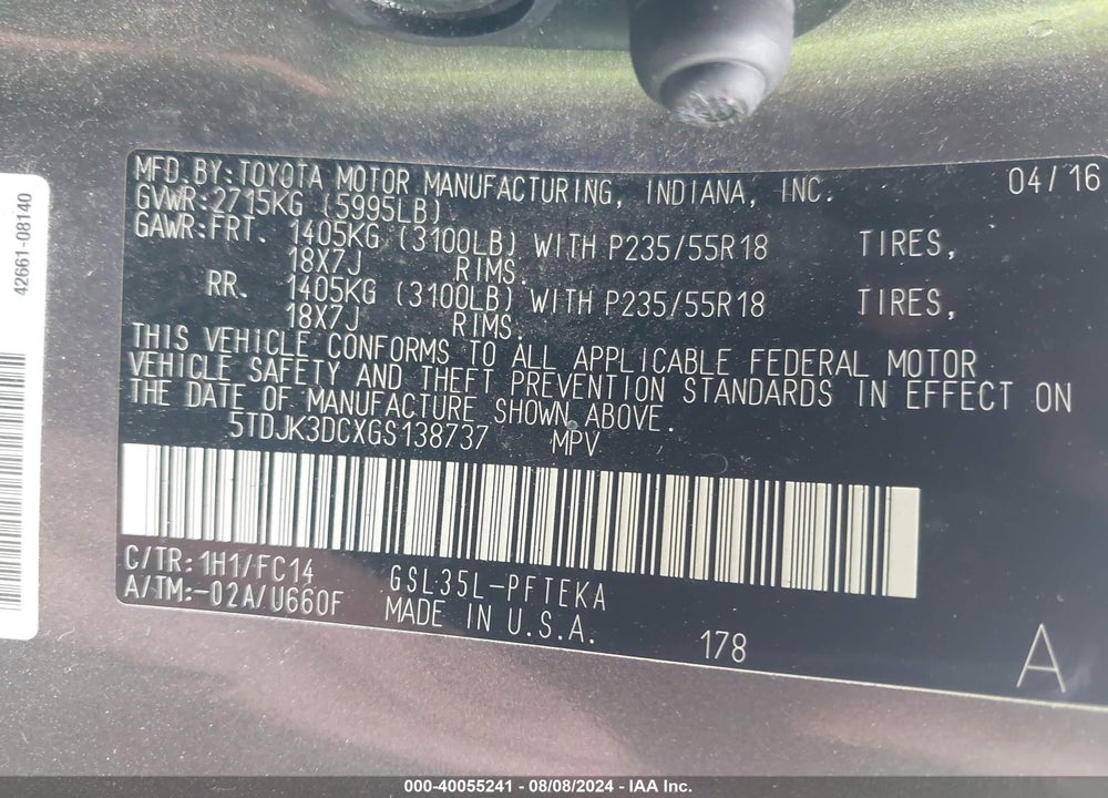 2016 TOYOTA SIENNA LE VIN: 5TDJK3DCXGS138737