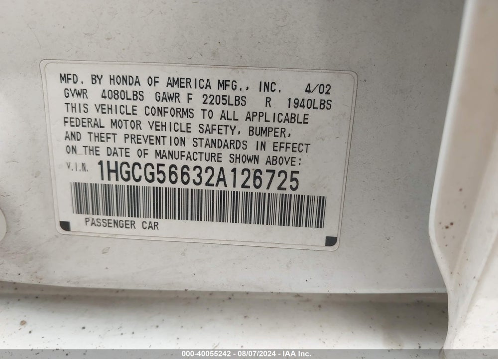 2002 HONDA ACCORD EX VIN: 1HGCG56632A126725