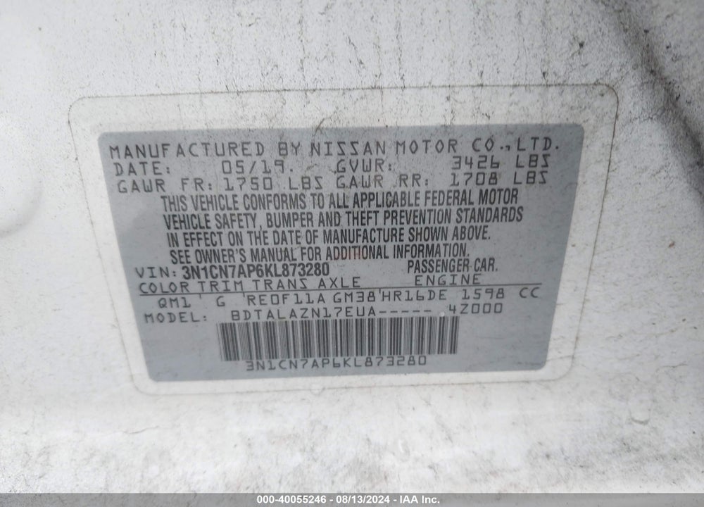 2019 NISSAN VERSA 1.6 S+ VIN: 3N1CN7AP6KL873280