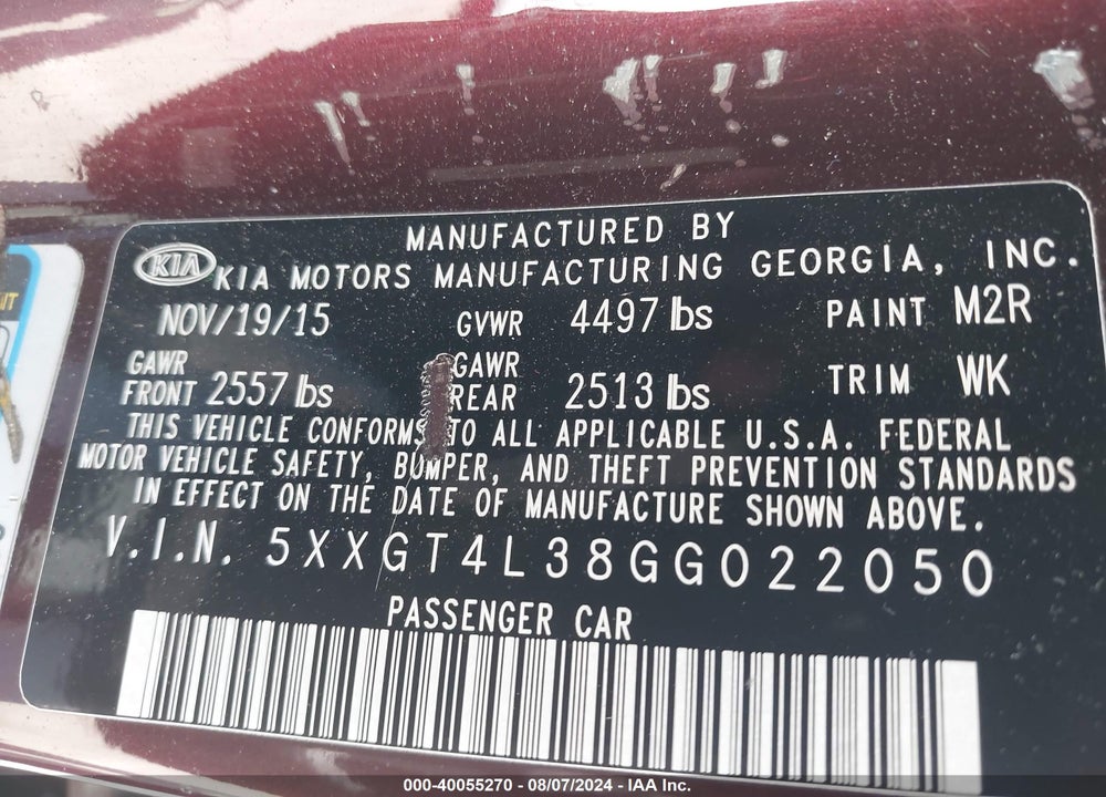 2016 KIA OPTIMA LX VIN: 5XXGT4L38GG022050