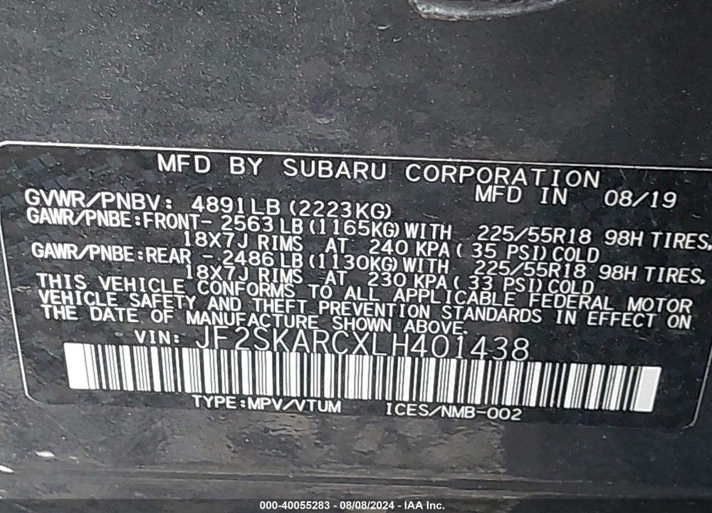 2020 SUBARU FORESTER SPORT VIN: JF2SKARCXLH401438