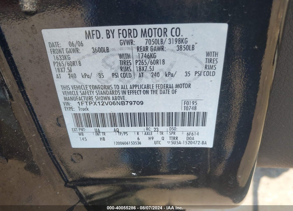 2006 FORD F150 VIN: 1FTPX12V06NB79709