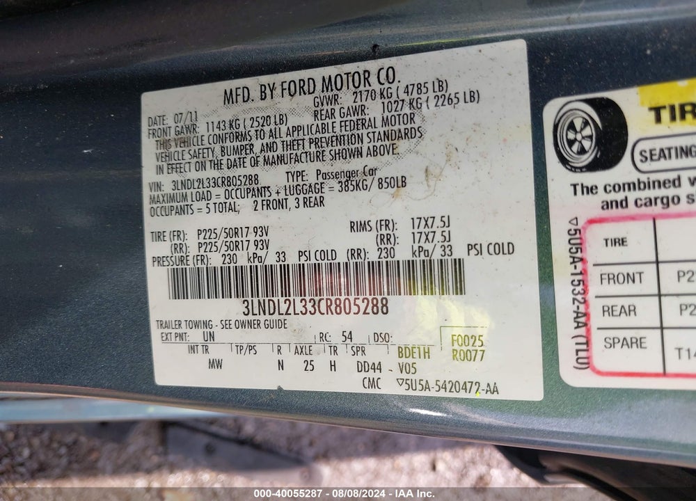2012 LINCOLN MKZ HYBRID VIN: 3LNDL2L33CR805288