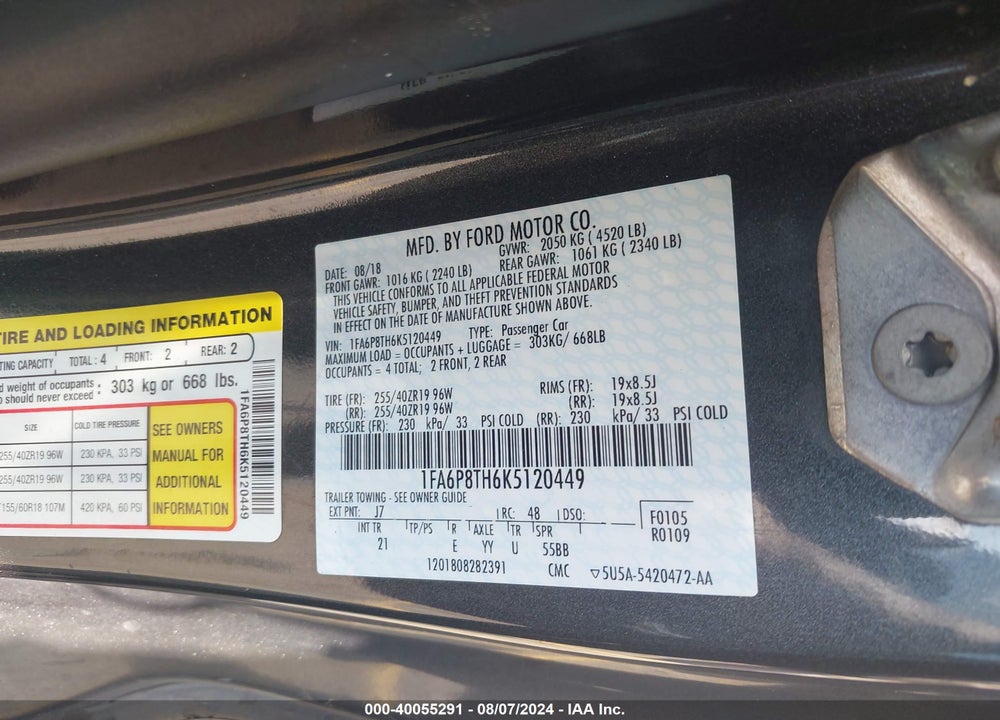 2019 FORD MUSTANG ECOBOOST VIN: 1FA6P8TH6K5120449