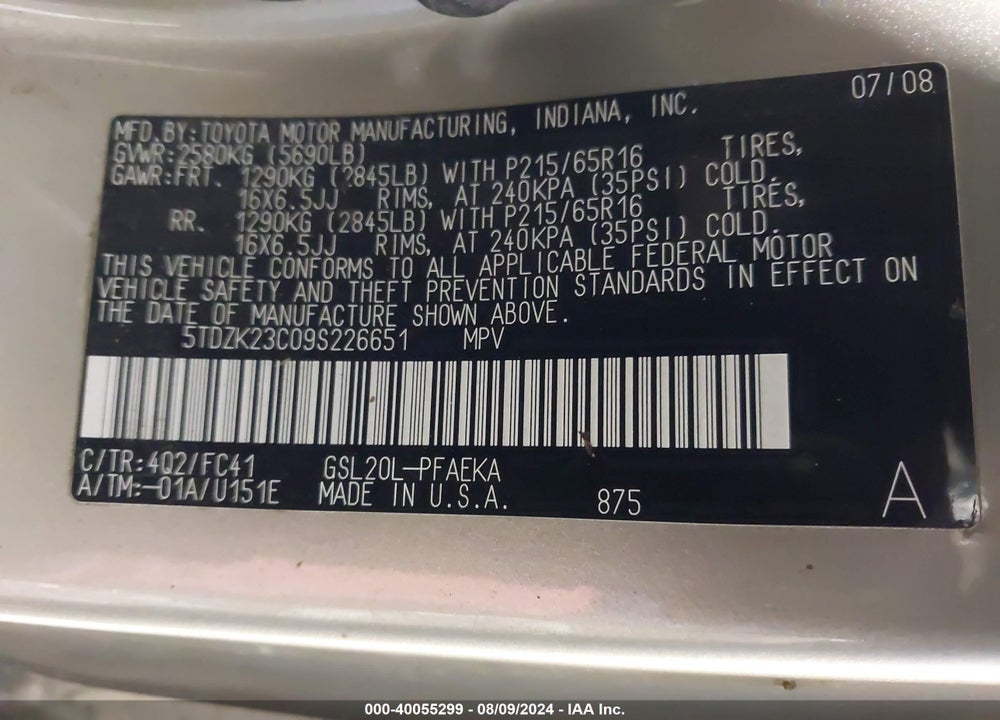 2009 TOYOTA SIENNA CE/LE VIN: 5TDZK23C09S226651