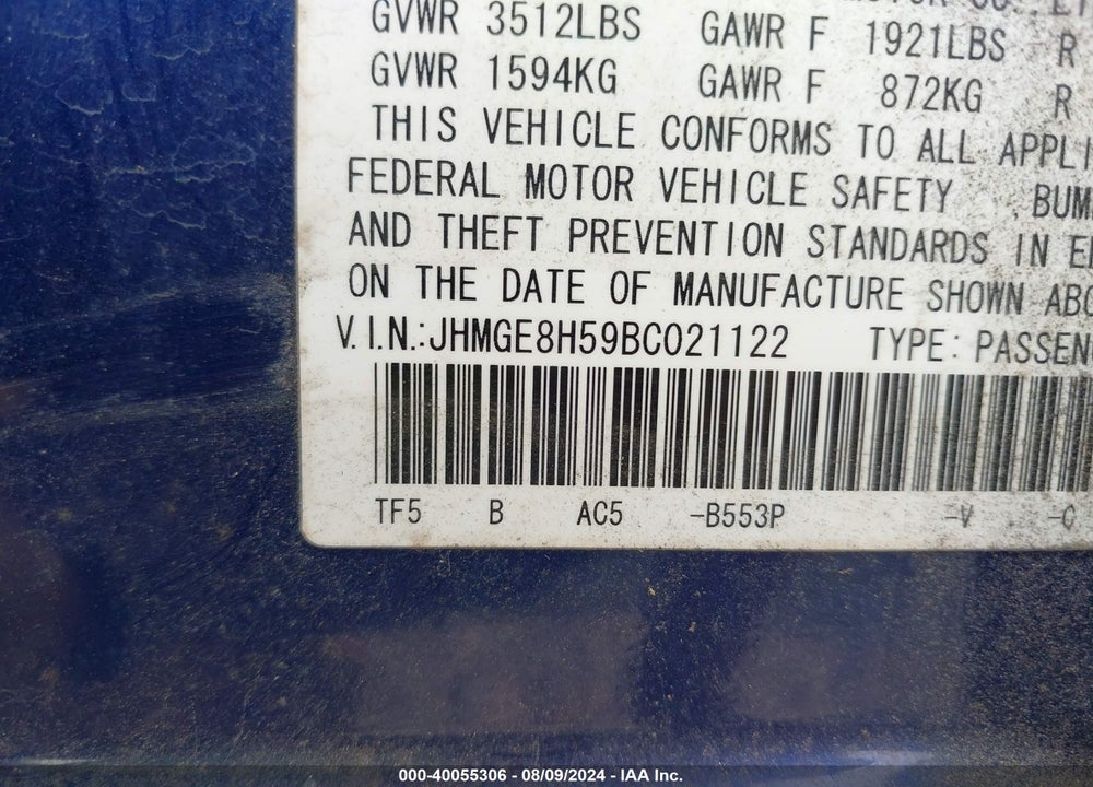 2011 HONDA FIT SPORT VIN: JHMGE8H59BC021122