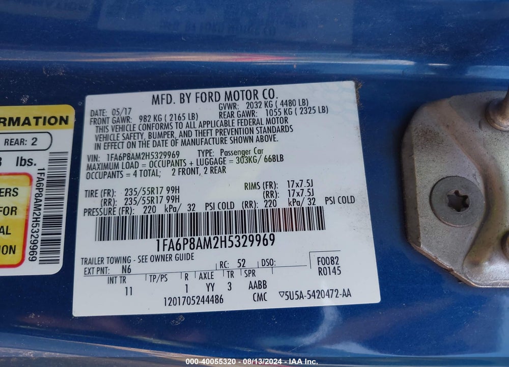 2017 FORD MUSTANG V6 VIN: 1FA6P8AM2H5329969