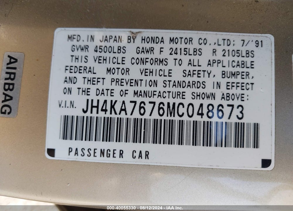 1991 ACURA LEGEND LS VIN: JH4KA7676MC048673