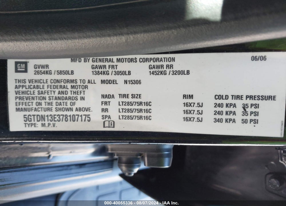 2007 HUMMER H3 SUV VIN: 5GTDN13E378107175