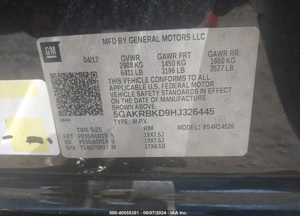 2017 BUICK ENCLAVE LEATHER VIN: 5GAKRBKD9HJ326445