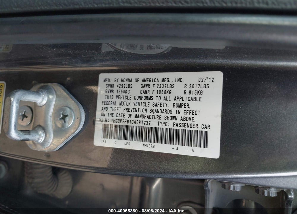 2012 HONDA ACCORD 2.4 SE VIN: 1HGCP2F61CA091232