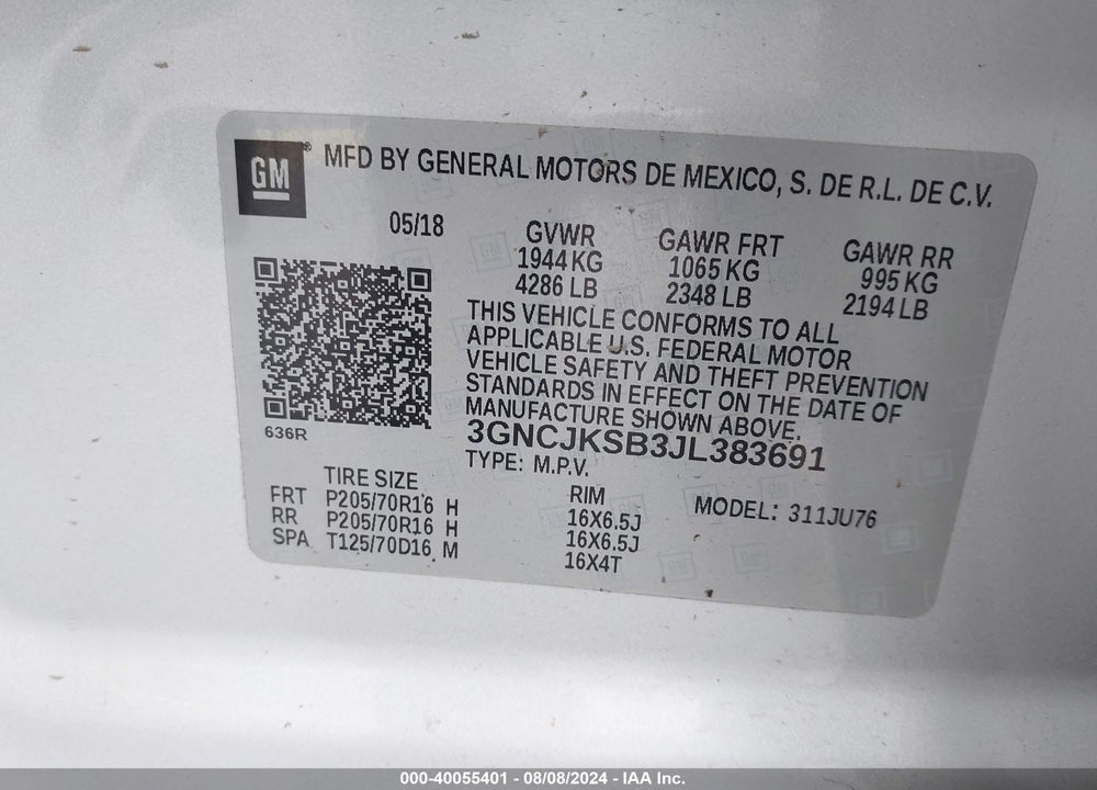 2018 CHEVROLET TRAX LS VIN: 3GNCJKSB3JL383691
