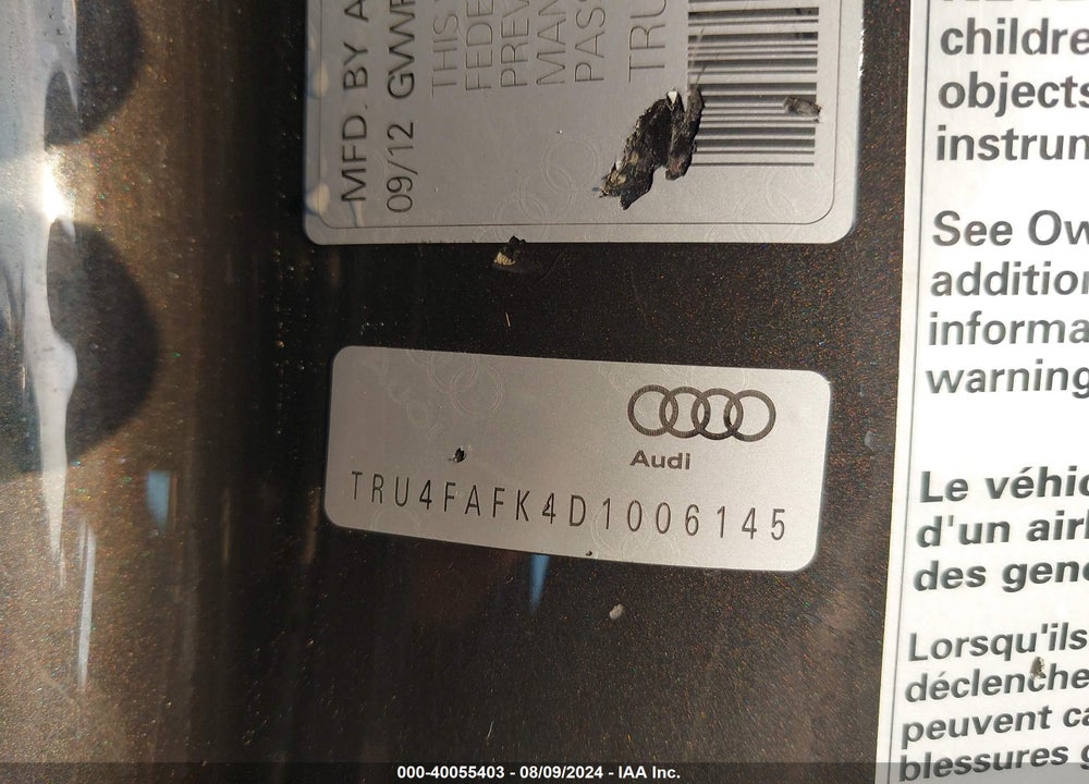 2013 AUDI TT VIN: TRU4FAFK4D1006145