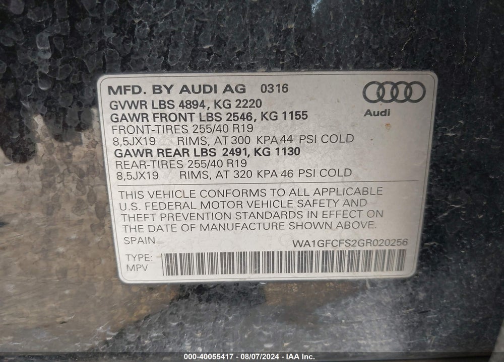 2016 AUDI Q3 2.0T PREMIUM PLUS VIN: WA1GFCFS2GR020256