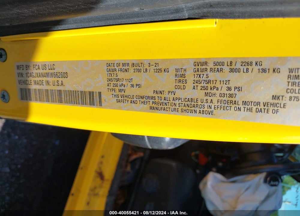 2021 JEEP WRANGLER SPORT S 4X4 VIN: 1C4GJXAN4MW662603