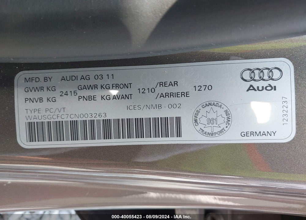 2012 AUDI A7 VIN: WAUSGCFC7CN003263